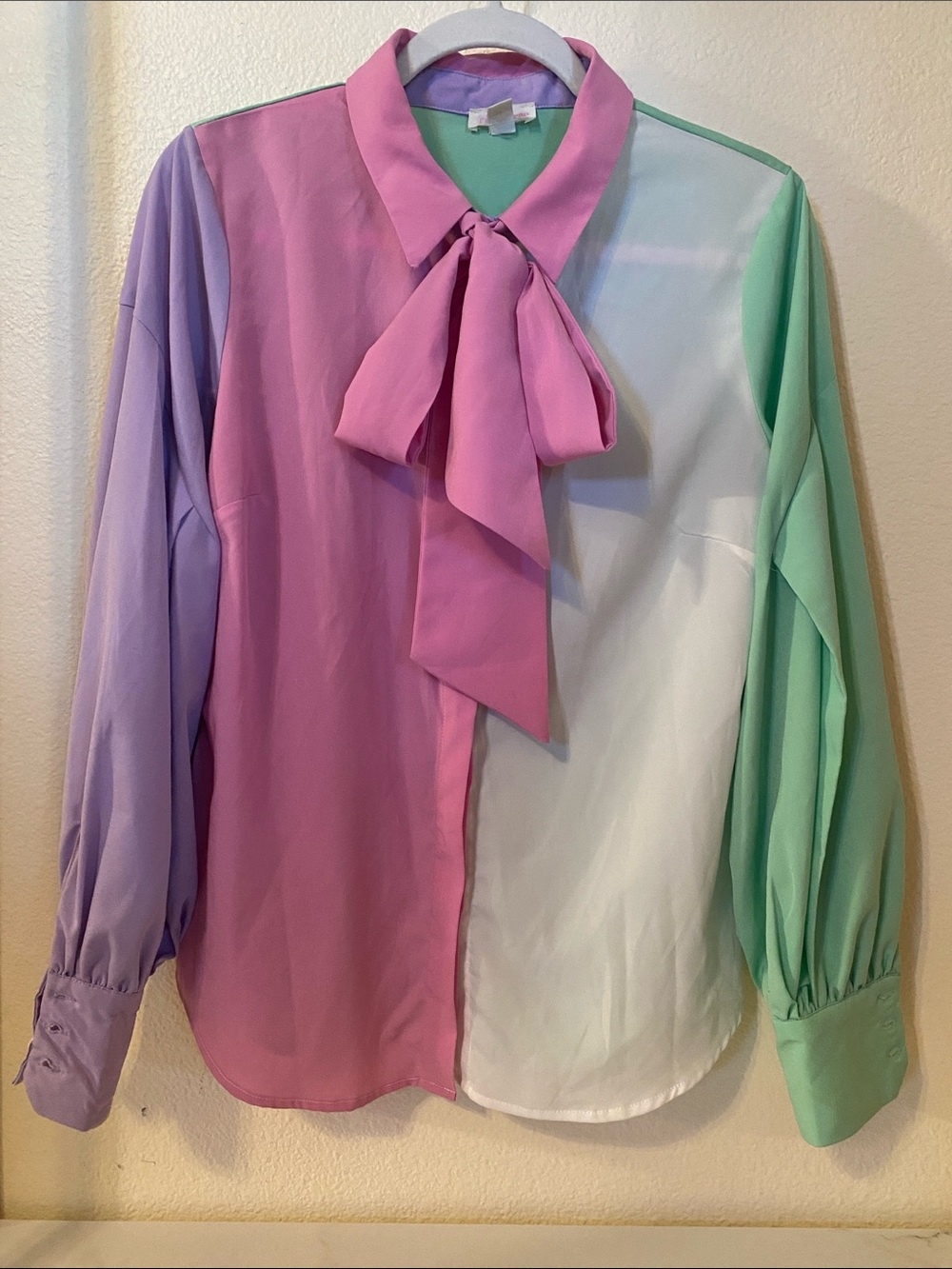 Colorblocked Tie-Neck Top-Button Down Long-Sleeves Pink, White, Lavender & Mint